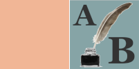 Logo auf olivgrünem quadratischen Grund. Linksoben Buchstabe A, rechtsunten Buchstabe B. Linksunten Tintenfass, aus dem Gänsekiel diagonal nach rechts oben zwischen A und B ragt.