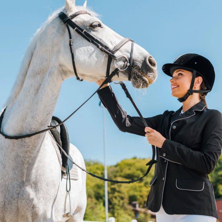 Andreas Bertram Auftragsgedicht Verein Pferdesport Weiblicher Jockey schaut zu ihrem Schimmel hoch und liebkost ihn mit der Hand.