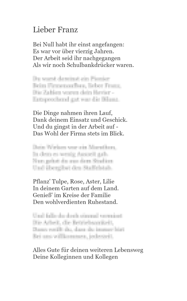 Andreas Bertram Gedicht Beruf Der Geschäftsführer hat beim Poeten Andreas Bertram ein Gedicht bestellt. Franz geht in den Ruhestand und soll würdig verabschiedet werden.
